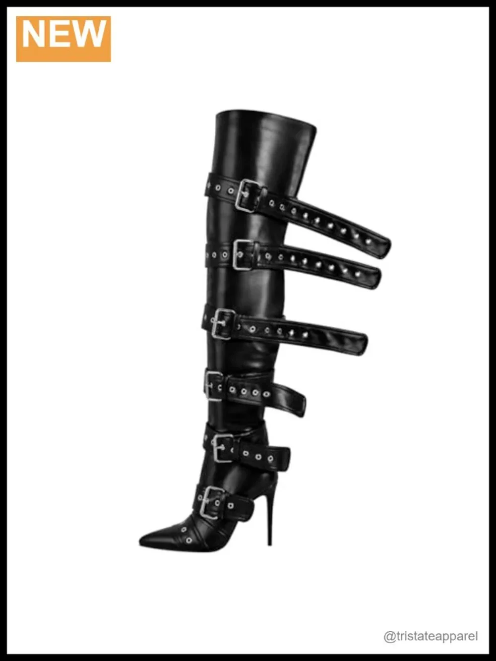 Over the Knee Stiletto Heeled Boots with Multi Buckle Straps, Pointed Toe Thigh